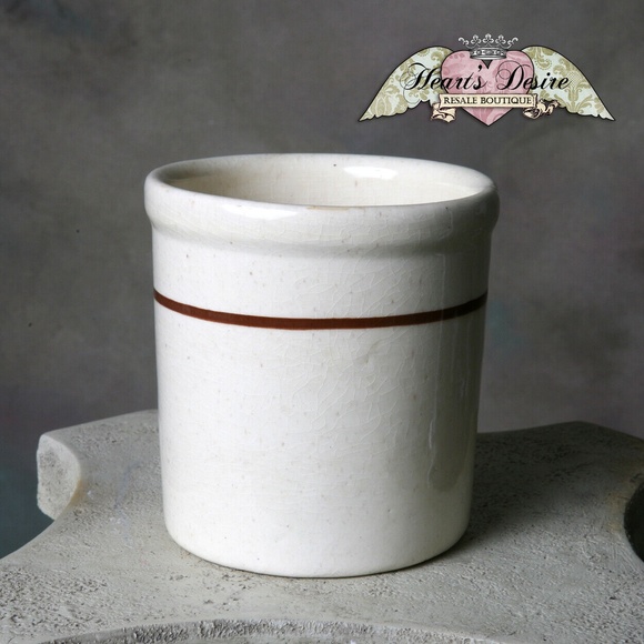 Antique Crock Cream w/Maroon Stripe Crackle Glaze Utensil Holder Plant Holder - Picture 1 of 5